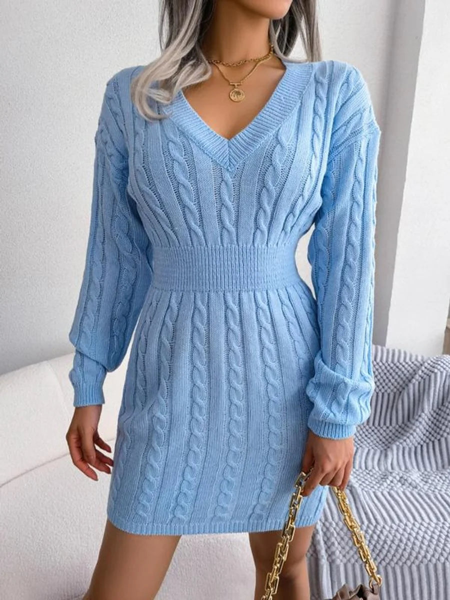 Gebreide Jurk Dames Midi met V-Hals in Blauw, productfoto
