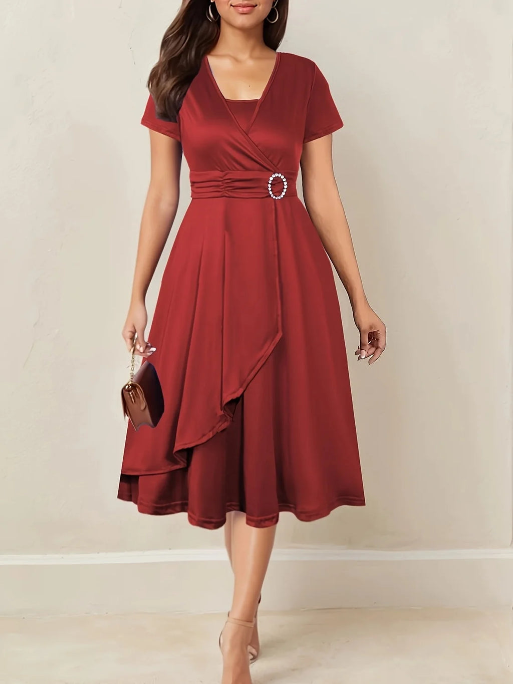 Kerstjurk Dames met Strass en V-Hals in Rood, productfoto