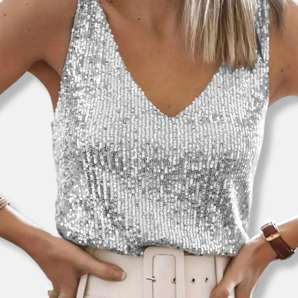 Glitter Top Dames Mouwloos met V-Hals in Grijs, productfoto