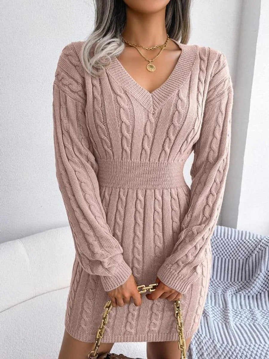 Gebreide Jurk Dames Midi met V-Hals in Roze, productfoto