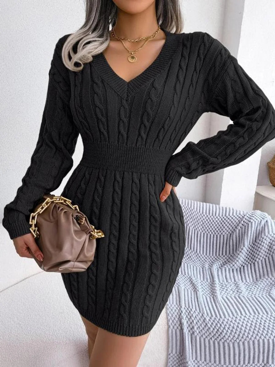Gebreide Jurk Dames Midi met V-Hals in Zwart, productfoto
