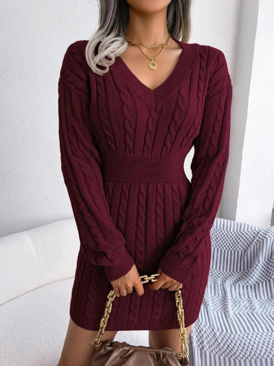 Gebreide Jurk Dames Midi met V-Hals in Bordeaux, productfoto