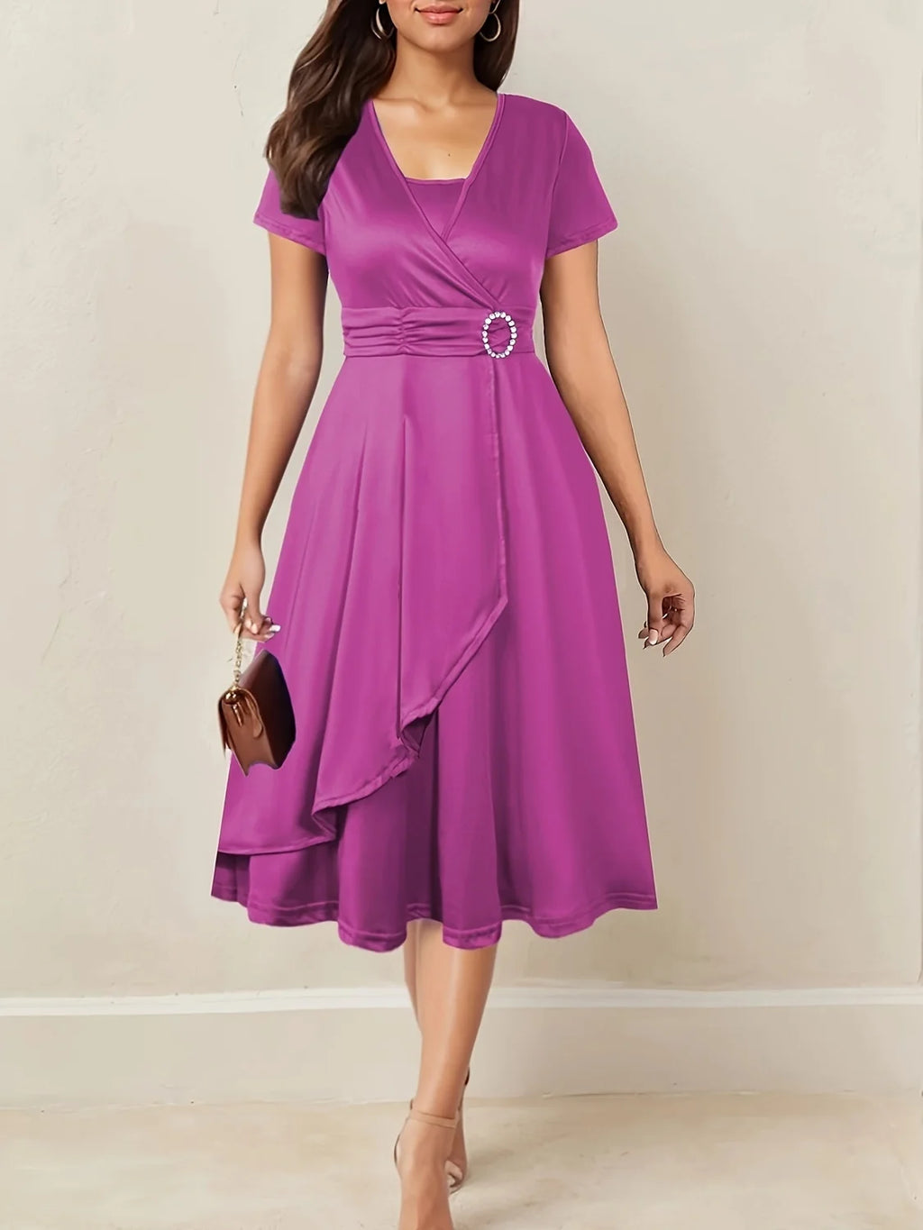 Kerstjurk Dames met Strass en V-Hals in Fuchsia, productfoto