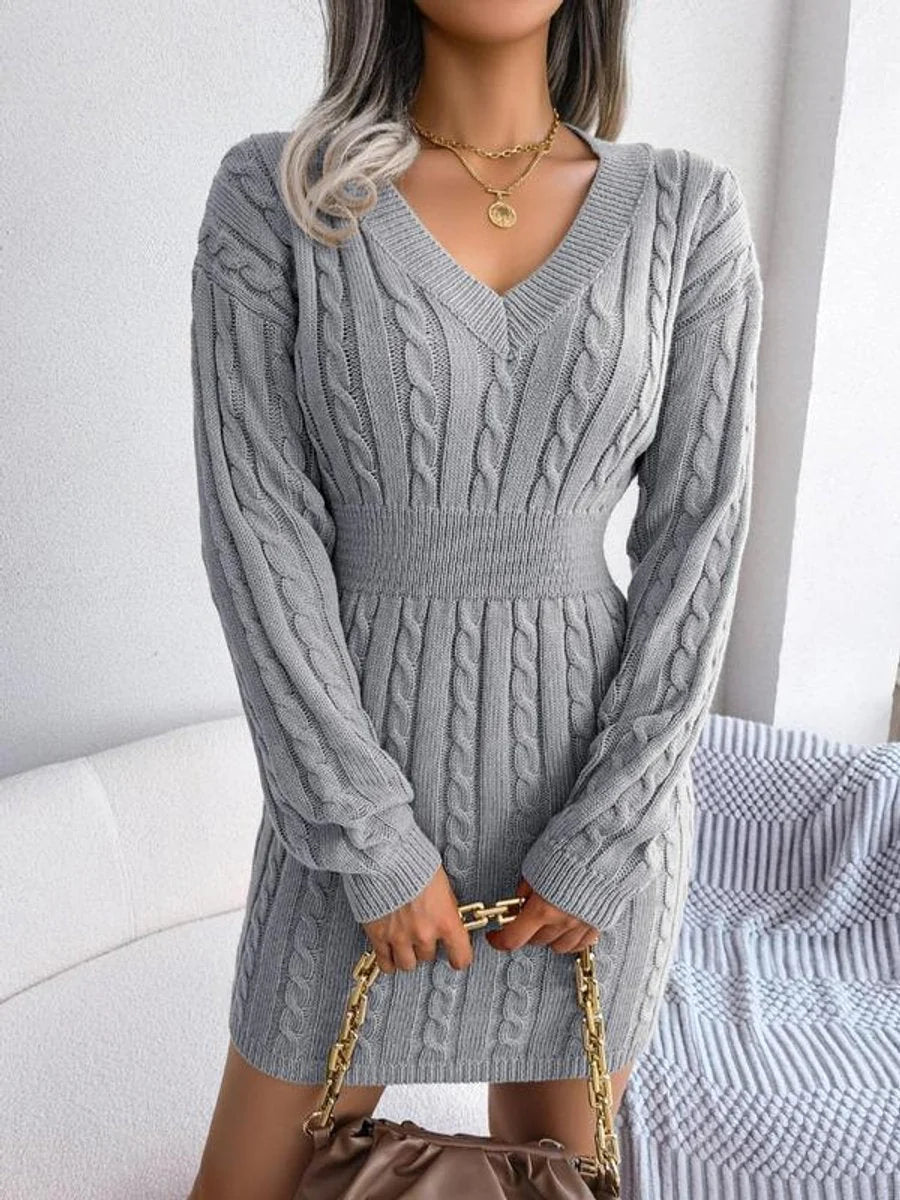 Gebreide Jurk Dames Midi met V-Hals in Grijs, productfoto