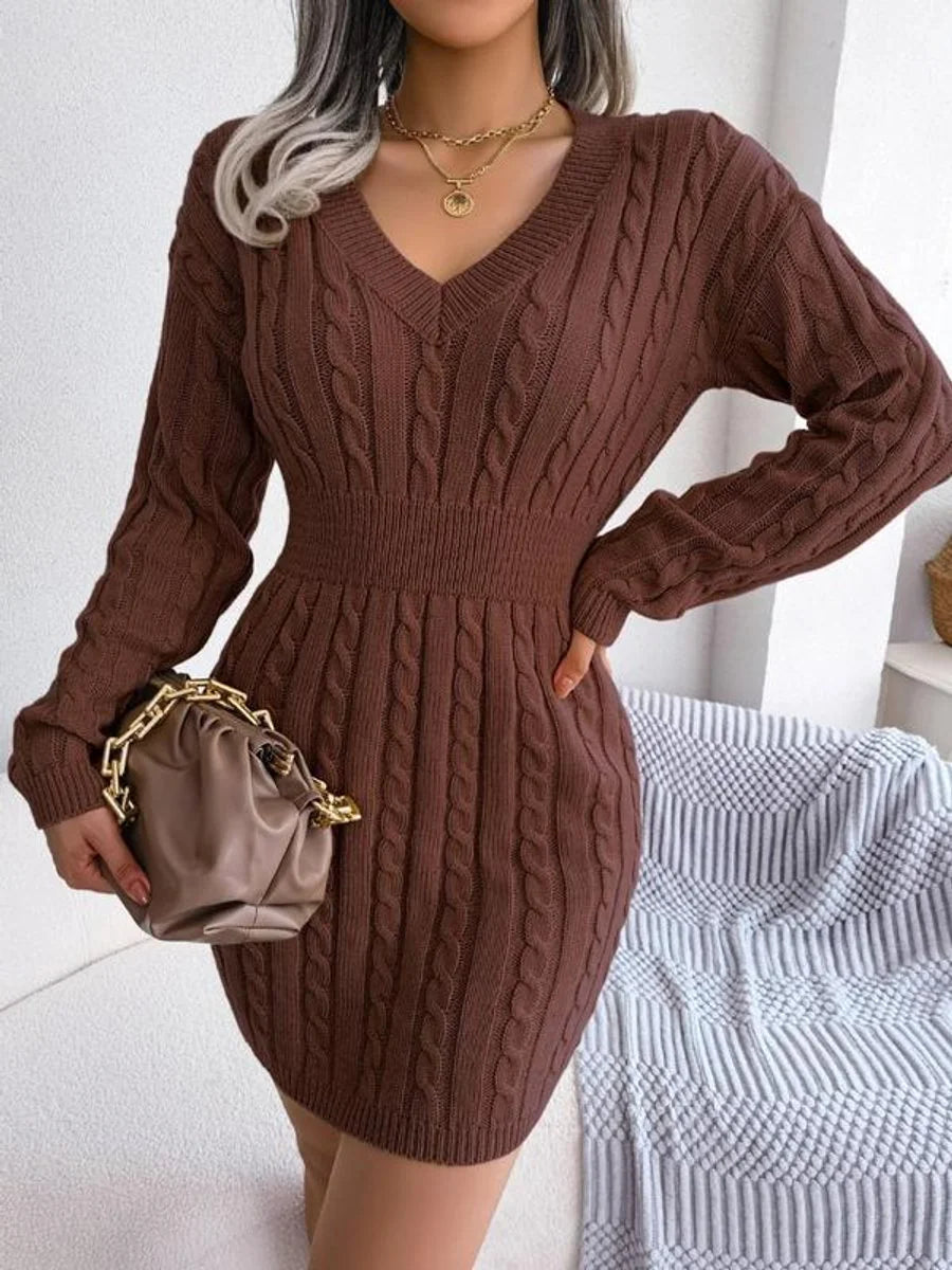 Gebreide Jurk Dames Midi met V-Hals in Koffiebruin, productfoto