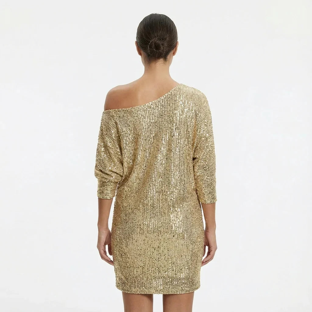Glitter Jurk Dames One-Shoulder met Lange Mouw in Goud, gedragen door model, vooraanzicht