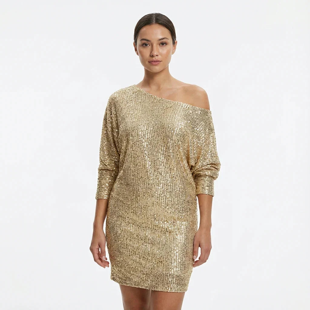 Glitter Jurk Dames One-Shoulder met Lange Mouw in Goud, productfoto