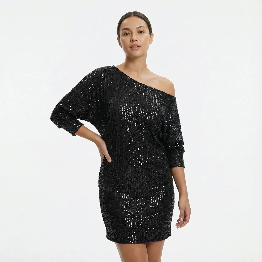 Glitter Jurk Dames One-Shoulder met Lange Mouw in Zwart, productfoto
