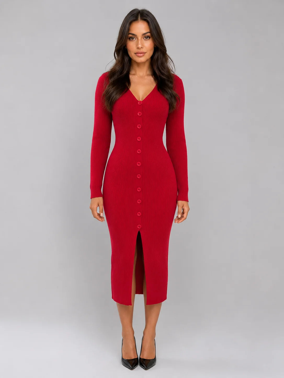 Geribde Gebreide Jurk Dames met Knopen in Rood, productfoto