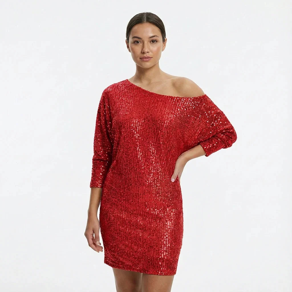 Glitter Jurk Dames One-Shoulder met Lange Mouw in Rood, productfoto