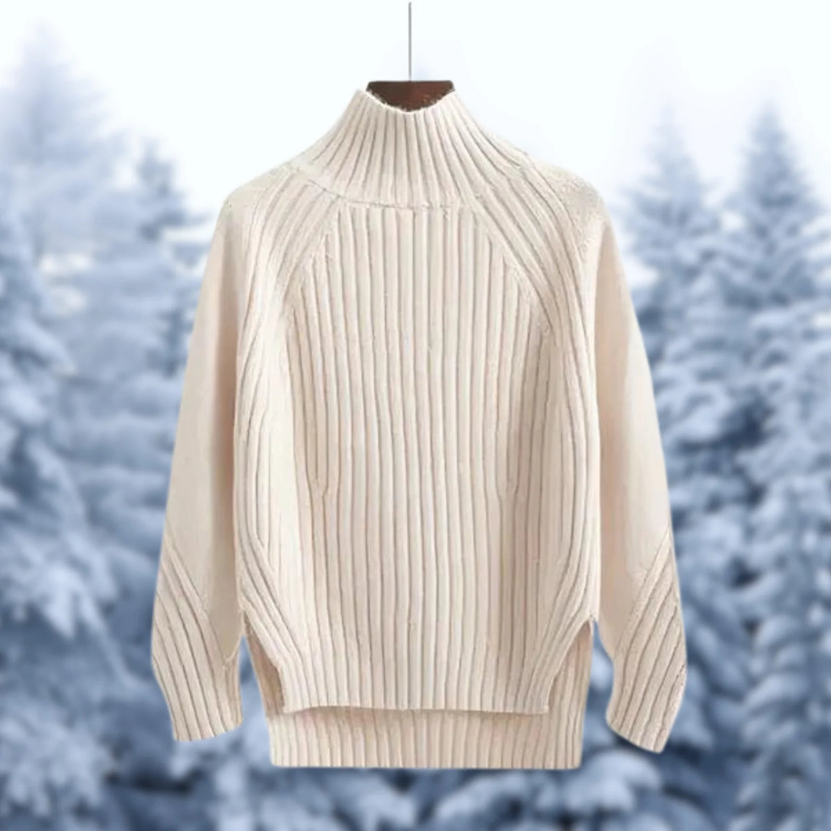 Geribde Trui Dames met Hoge Kraag in Beige, productfoto