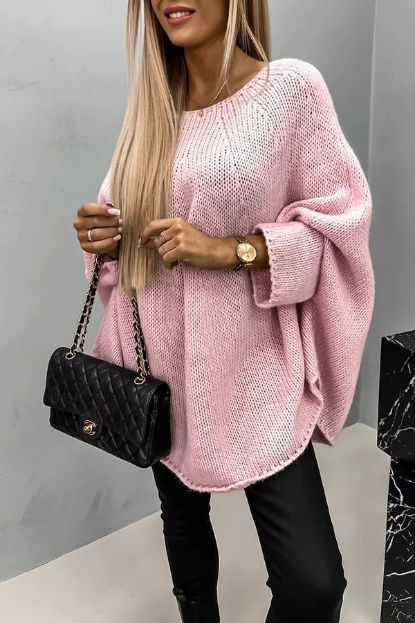 Oversized Kabeltrui Dames met Ronde Hals in Roze, productfoto