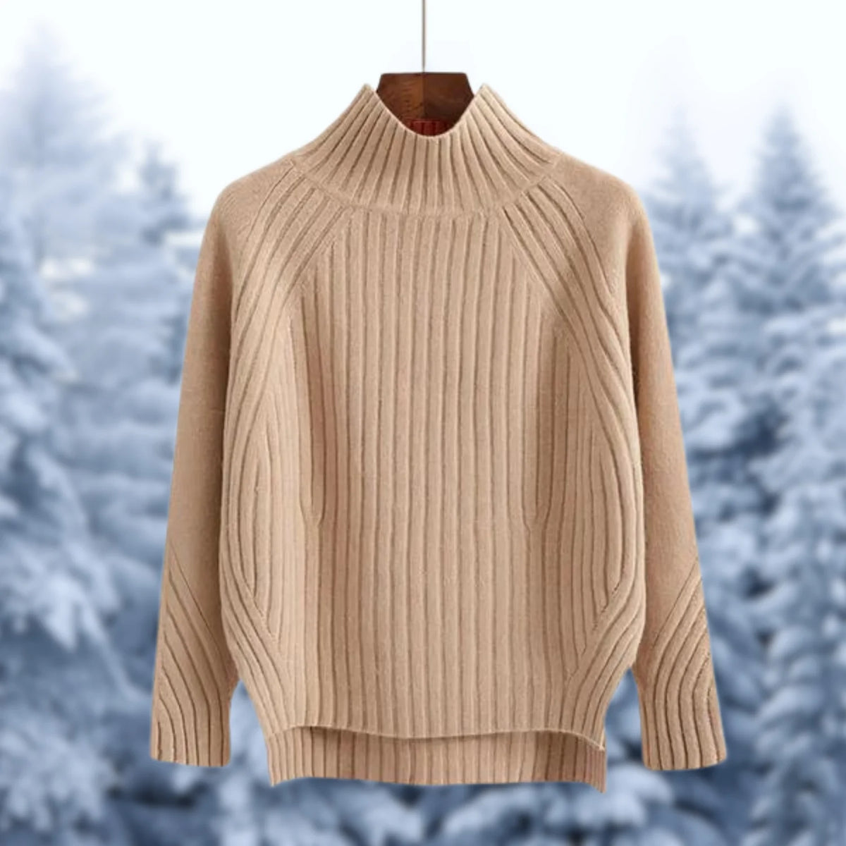 Geribde Trui Dames met Hoge Kraag in Camel, productfoto