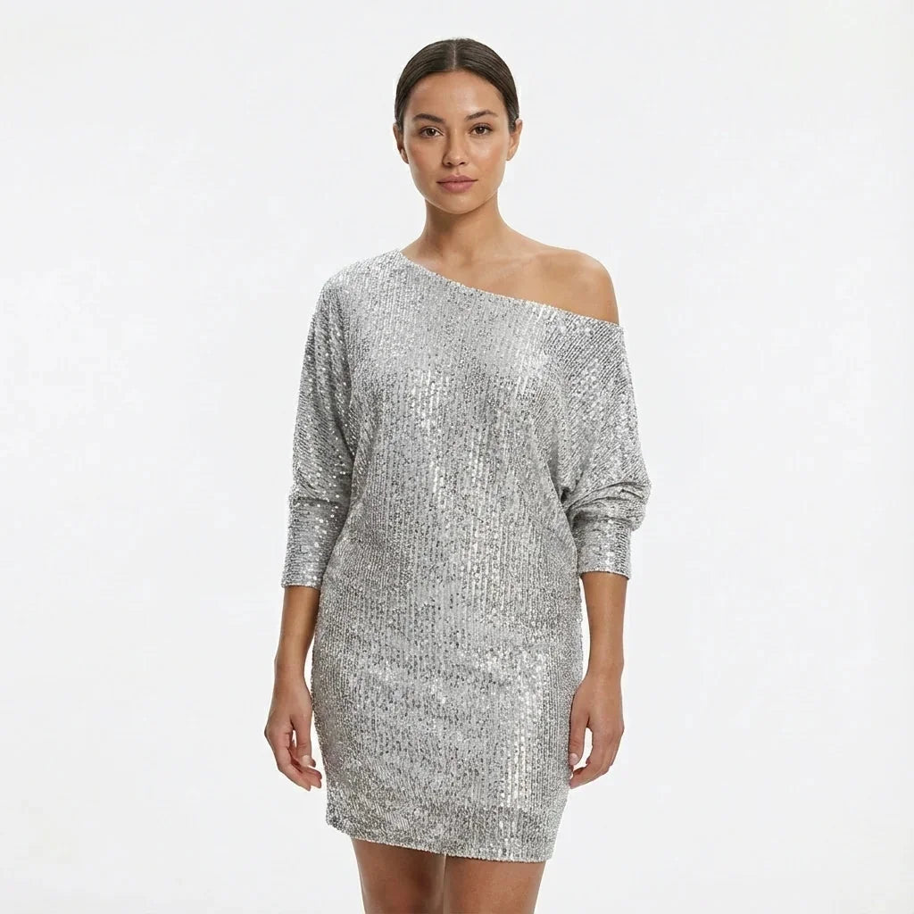 Glitter Jurk Dames One-Shoulder met Lange Mouw in Zilver, productfoto