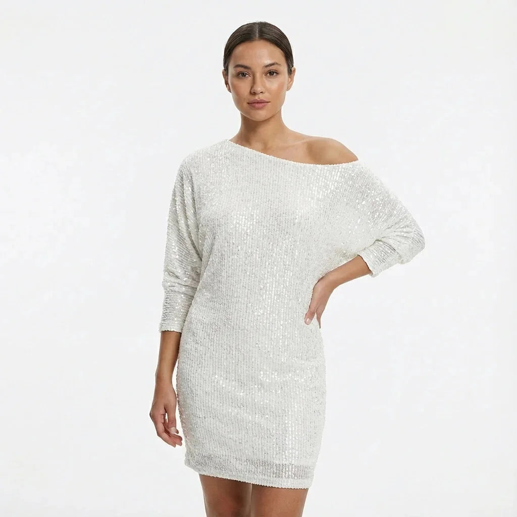 Glitter Jurk Dames One-Shoulder met Lange Mouw in Wit, productfoto