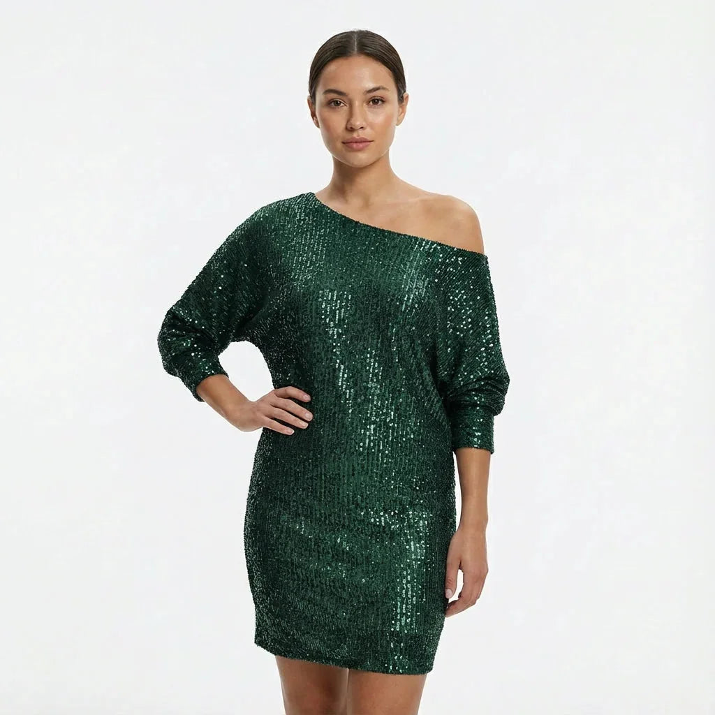 Glitter Jurk Dames One-Shoulder met Lange Mouw in Donkergroen, productfoto