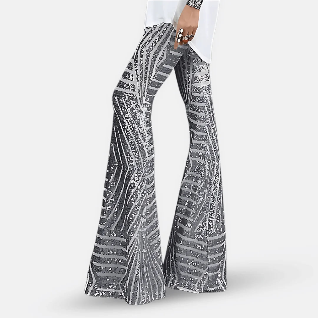 Glitter Broek Dames met Wijde Pijpen in Zilver, productfoto