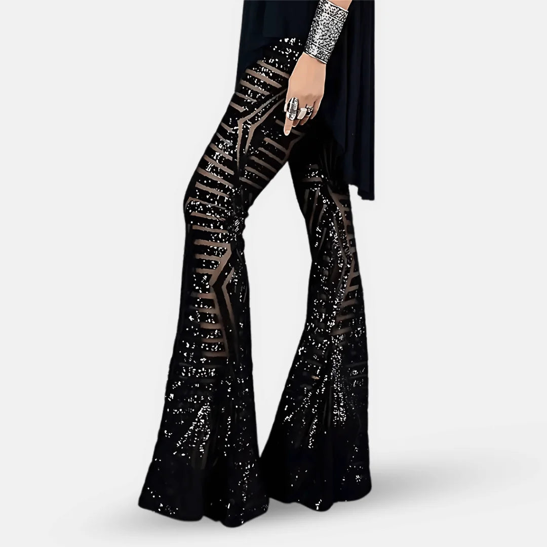 Glitter Broek Dames met Wijde Pijpen in Zwart, productfoto
