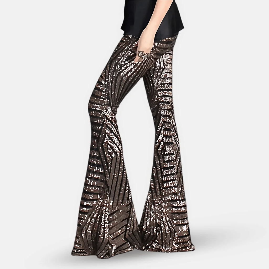 Glitter Broek Dames met Wijde Pijpen in Bruin, productfoto