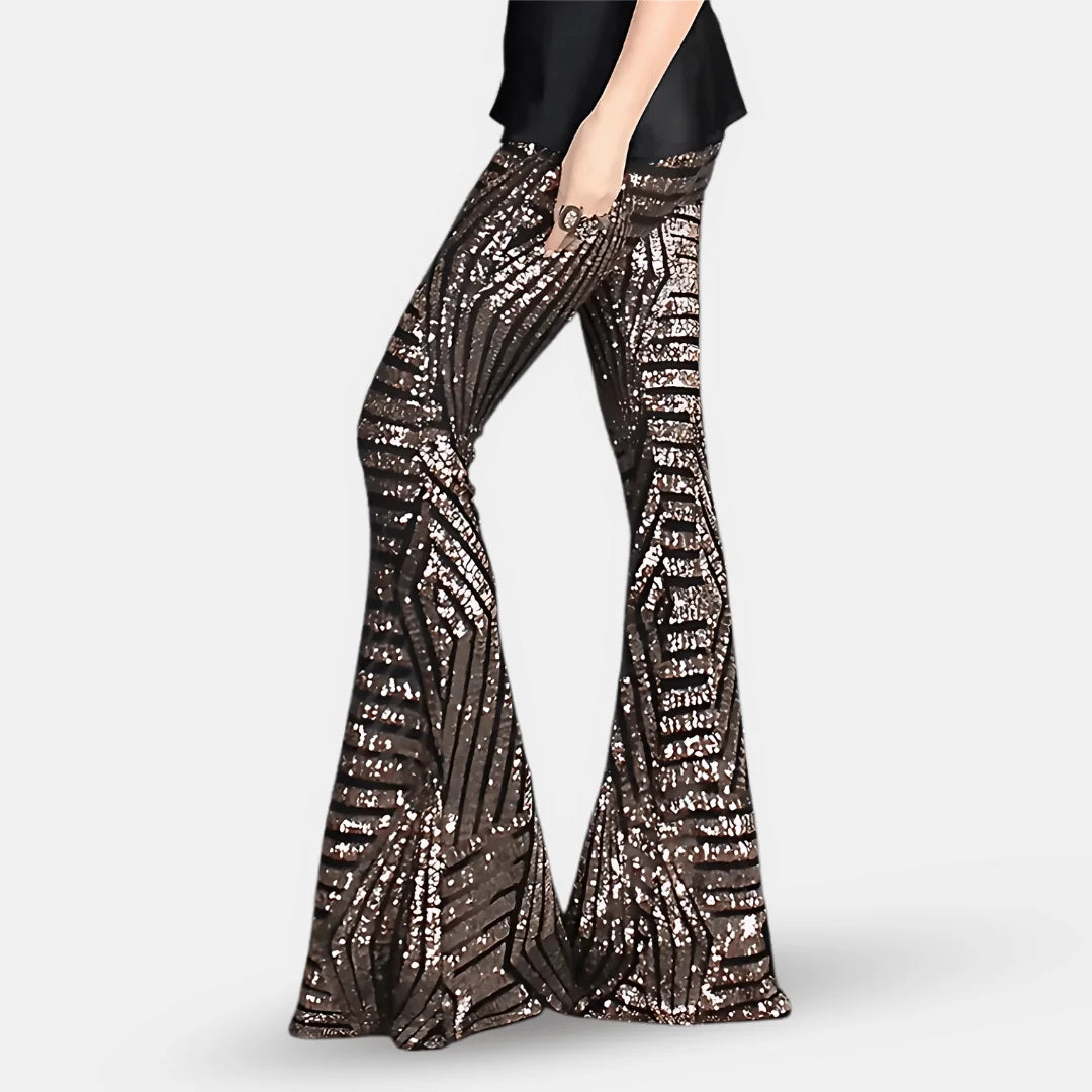 Glitter Broek Dames met Wijde Pijpen in Bruin, productfoto