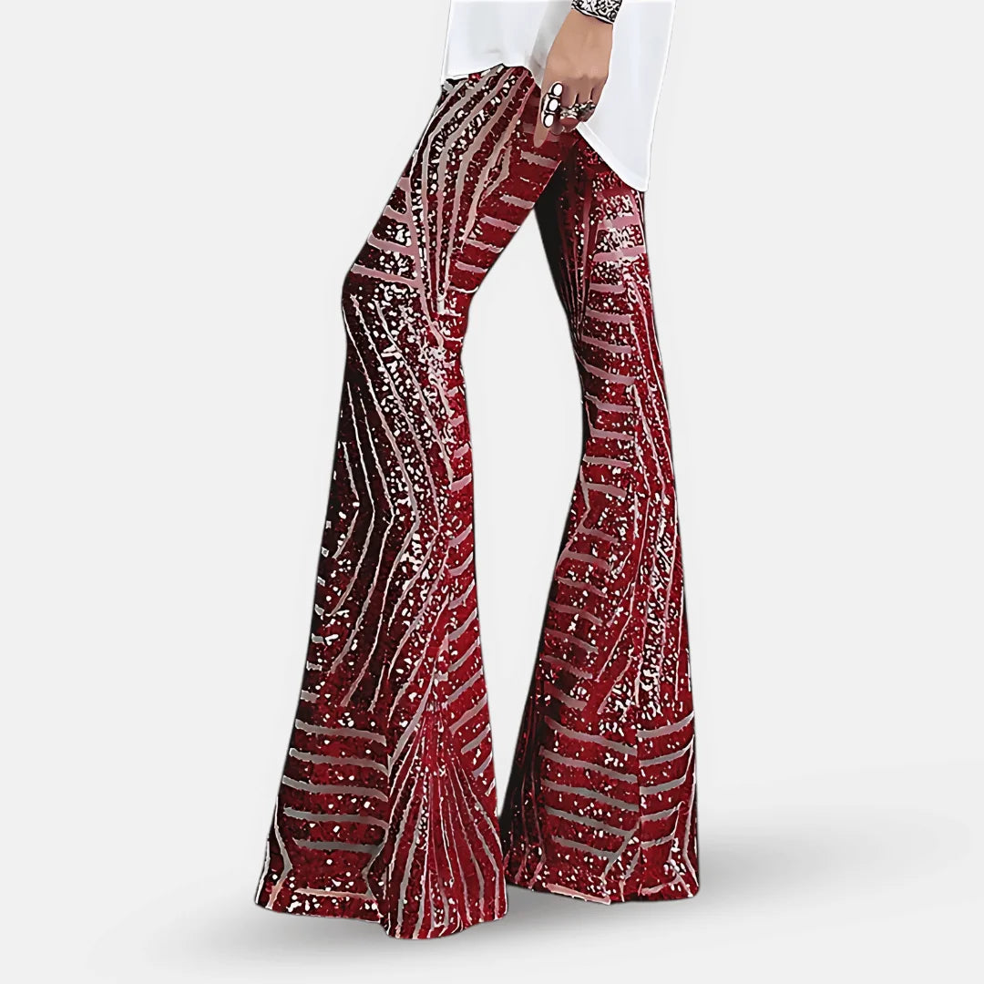 Glitter Broek Dames met Wijde Pijpen in Rood, productfoto