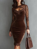 Fluwelen Kerstjurk Dames met Kanten Mouwen in Bruin, productfoto