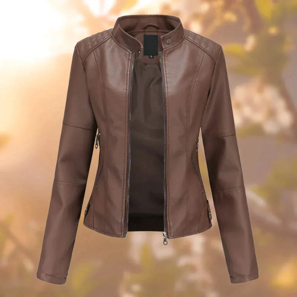 Imitatieleren Jas Dames met Rits en Staande Kraag in Donkerbruin, productfoto