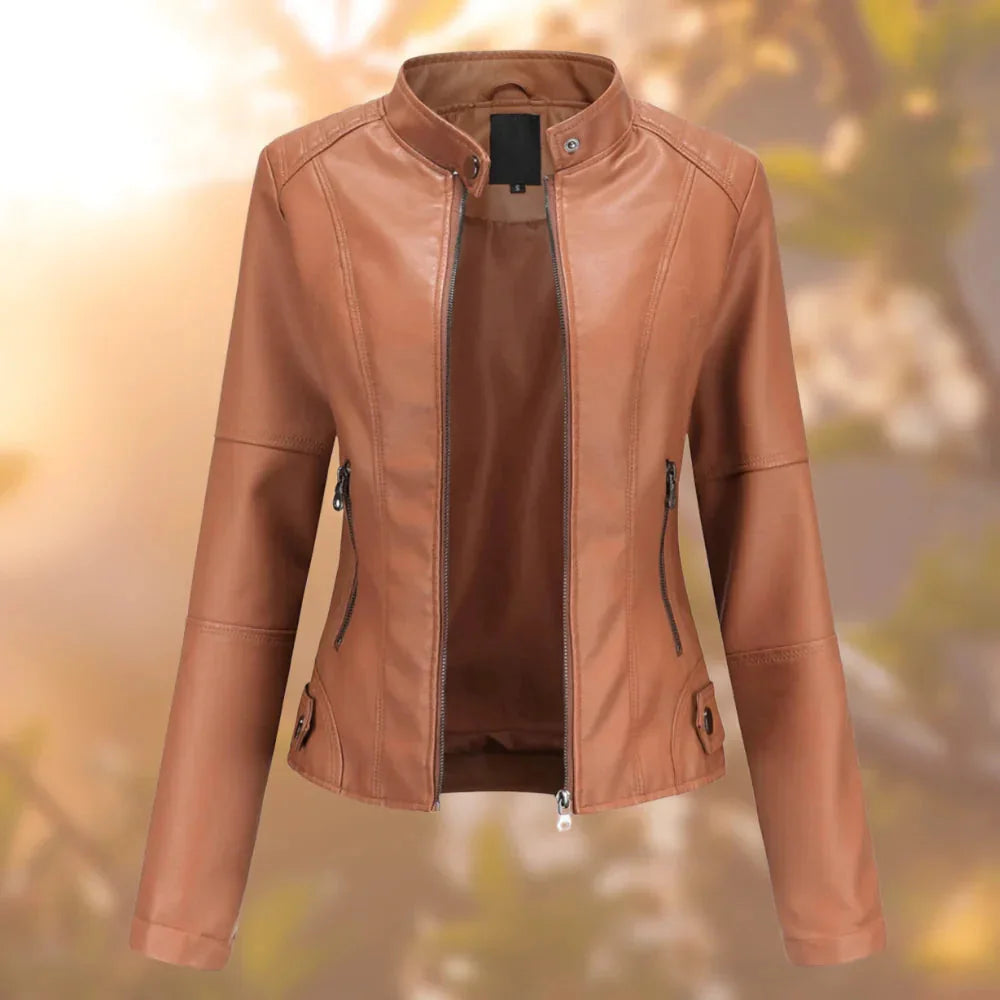 Imitatieleren Jas Dames met Rits en Staande Kraag in Lichtbruin, productfoto