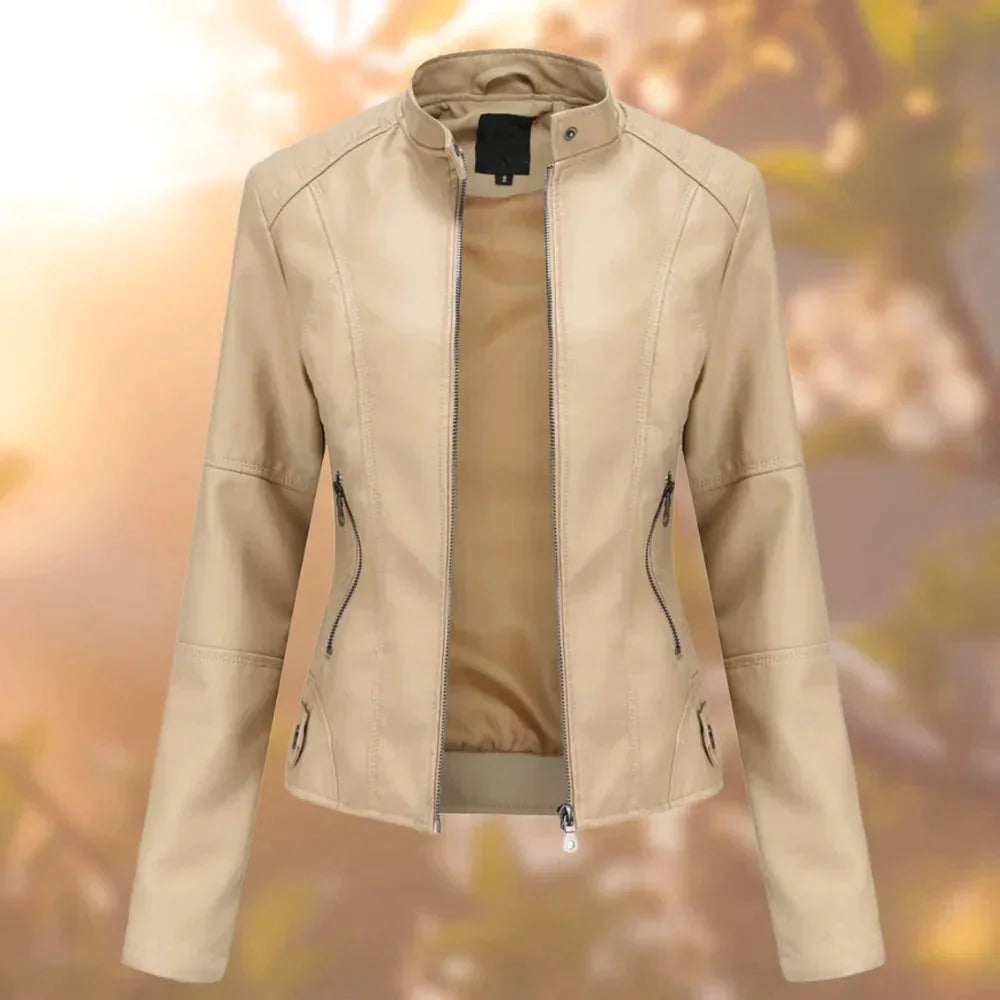 Imitatieleren Jas Dames met Rits en Staande Kraag in Beige, productfoto