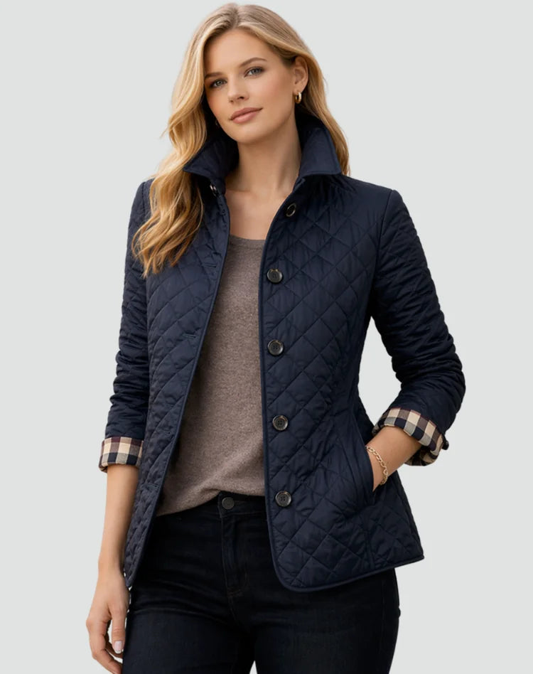 Gewatteerde Jas Dames met Knopen en Kraag in Marineblauw, productfoto