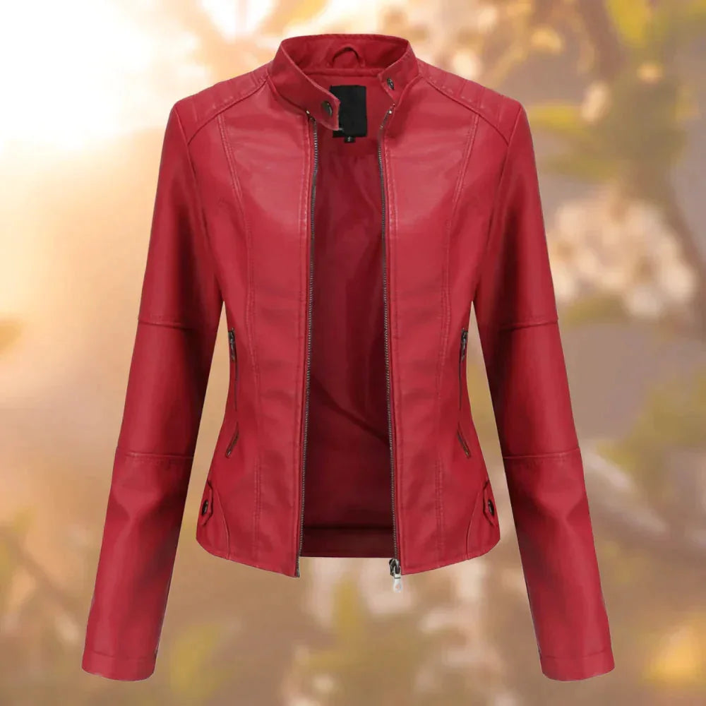 Imitatieleren Jas Dames met Rits en Staande Kraag in Rood, productfoto