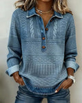 Kabelgebreide Trui Dames met Denim Kraag in Blauw, productfoto