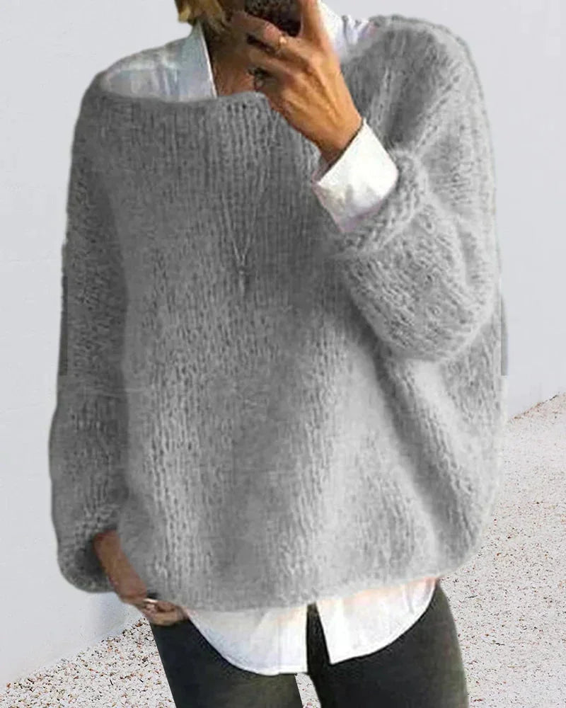 Grofgebreide Oversized Trui Dames met Boothals in Grijs, productfoto