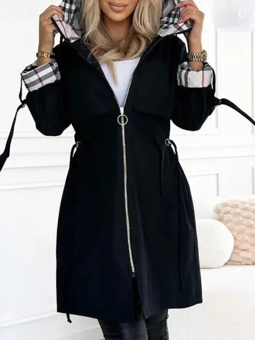 Parka Jas Dames met Capuchon en Ruitvoering in Zwart, productfoto