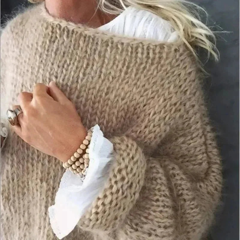 Grofgebreide Oversized Trui Dames met Boothals in Kaki, productfoto