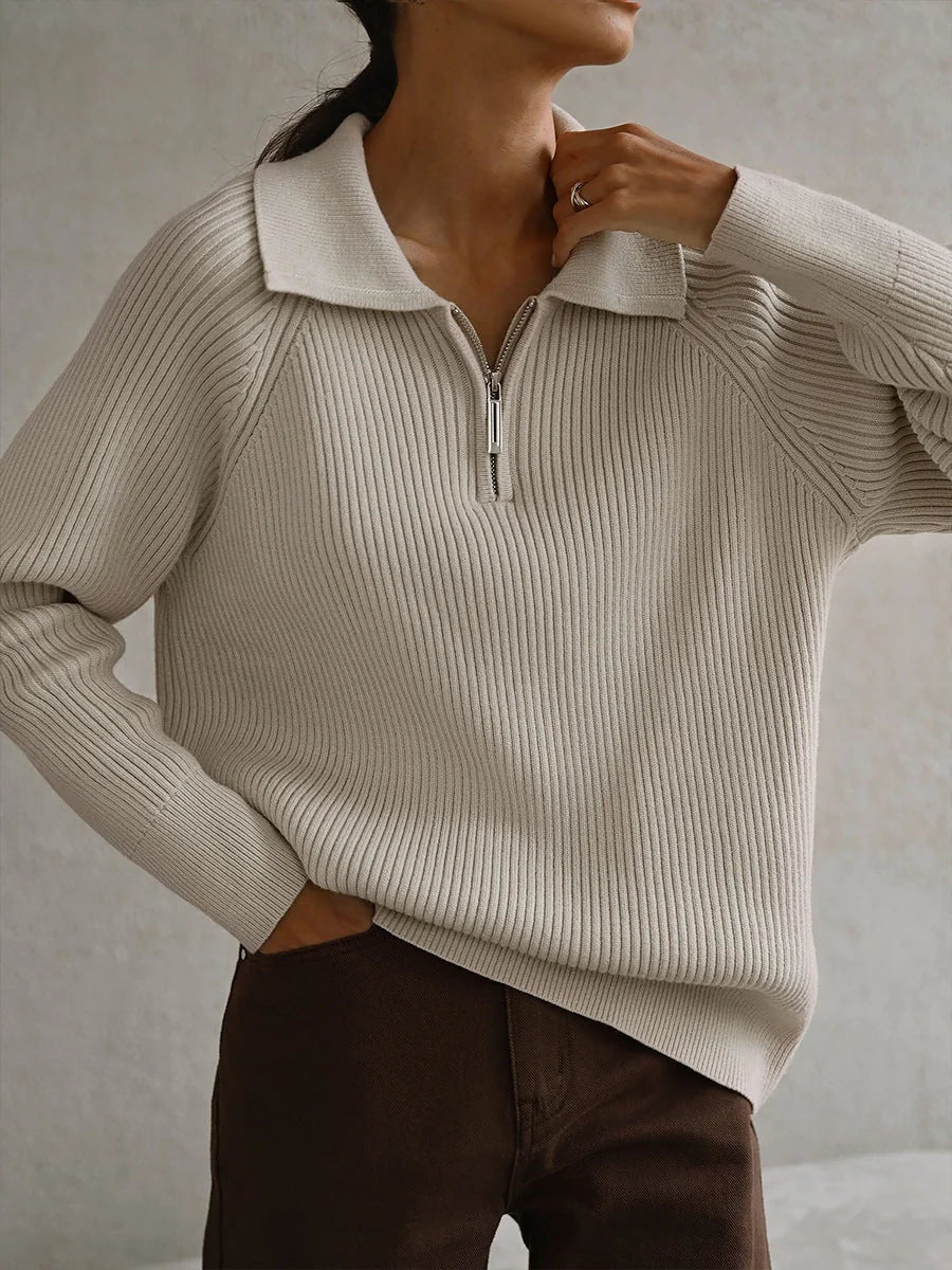 Trui met Kraag en Rits Dames in Beige, productfoto