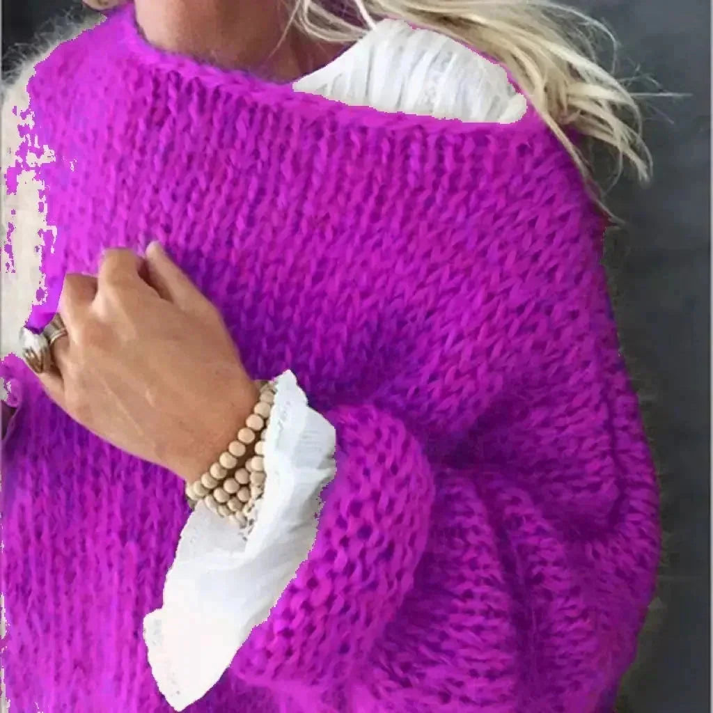 Grofgebreide Oversized Trui Dames met Boothals in Fuchsia, productfoto