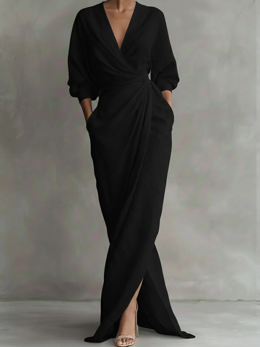 Wikkeljurk Dames Maxi met V-Hals in Zwart, productfoto
