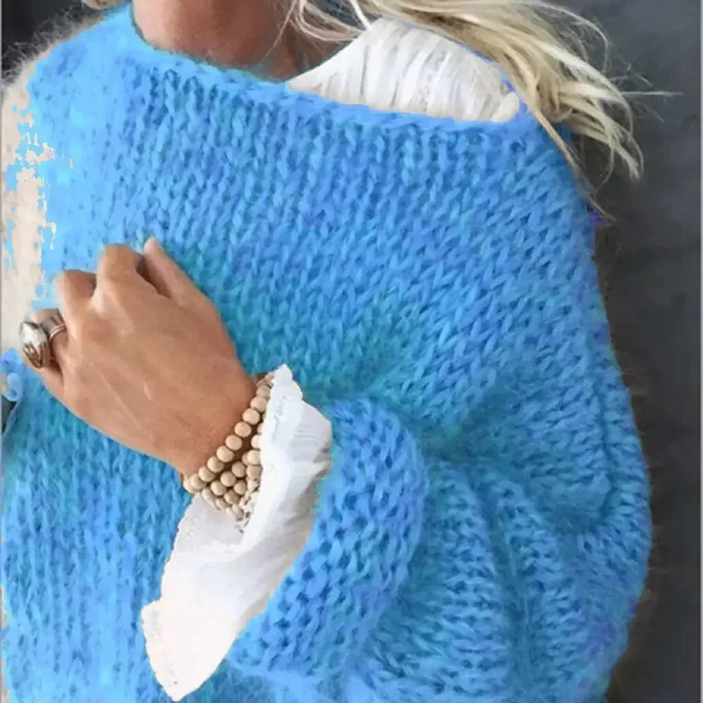 Grofgebreide Oversized Trui Dames met Boothals in Blauw, productfoto