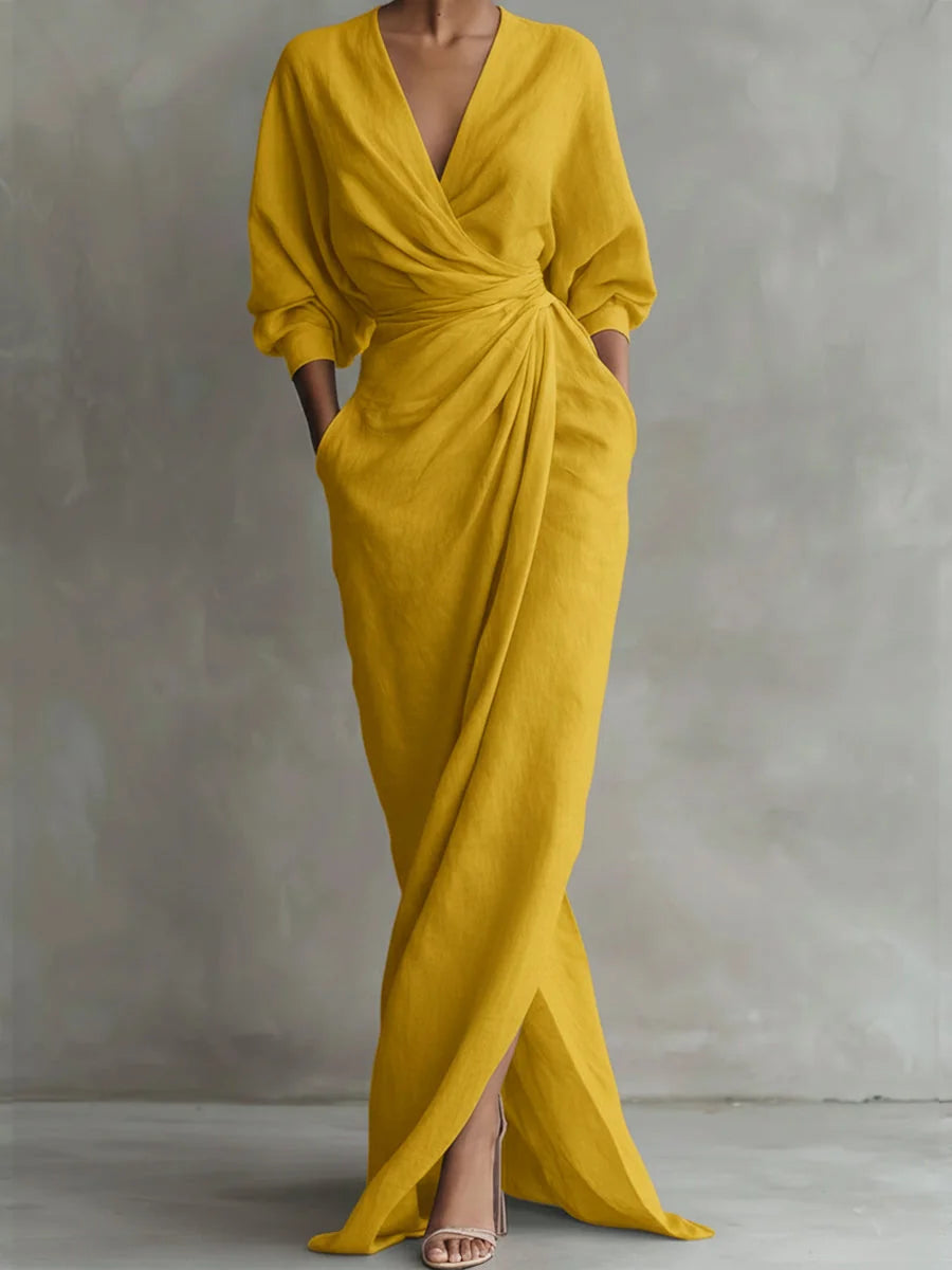 Wikkeljurk Dames Maxi met V-Hals in Geel, productfoto