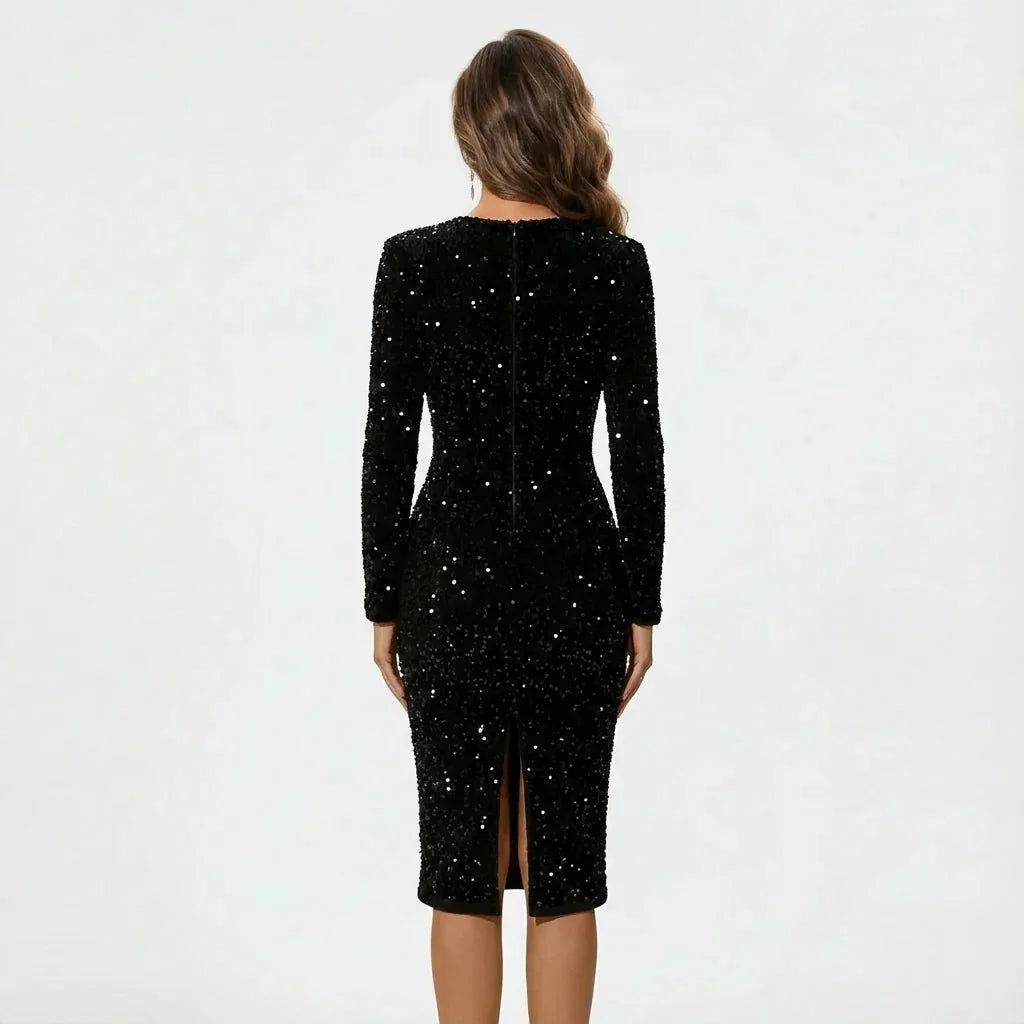 Glitter Jurk Dames Midi met Pailletten in Zwart, gedragen door model, vooraanzicht