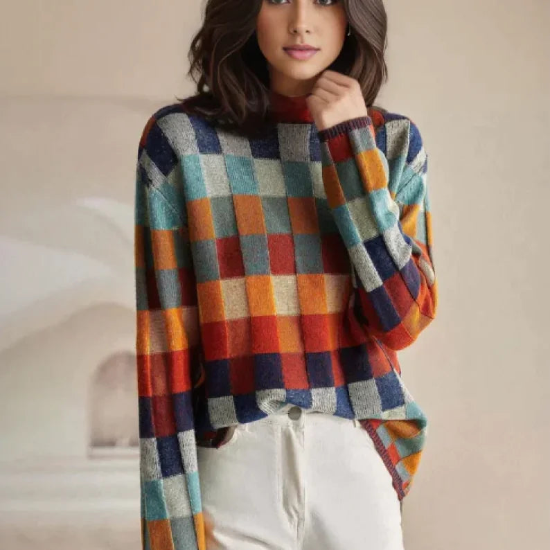 Gebreide Trui Dames met Blokpatroon in Multicolor, productfoto