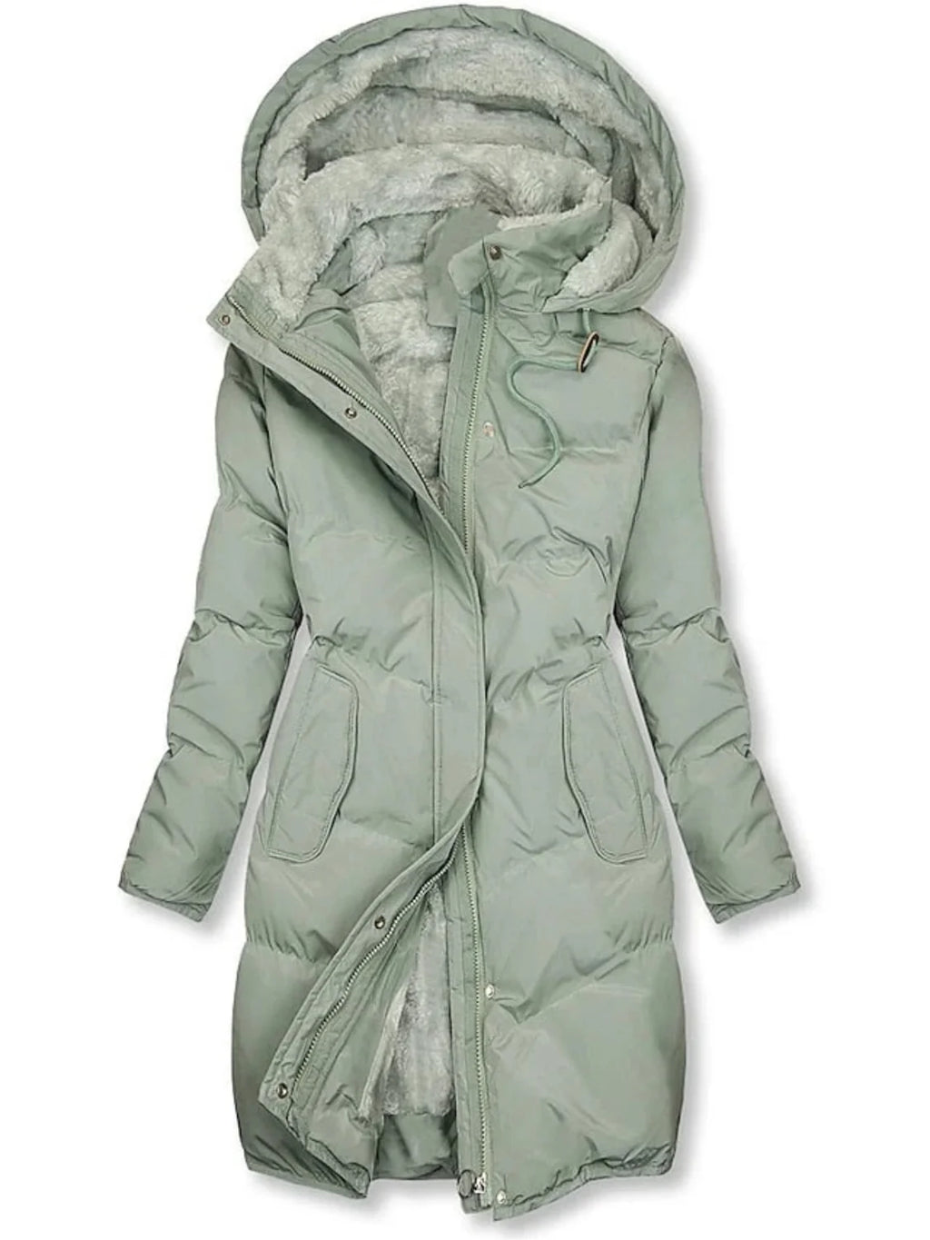 Lange Pufferjas Dames met Capuchon in Saliegroen, productfoto