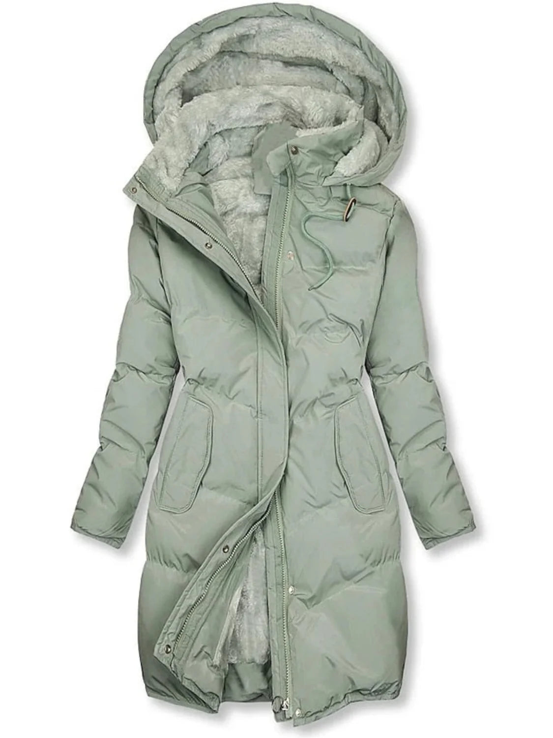 Lange Pufferjas Dames met Capuchon in Saliegroen, productfoto