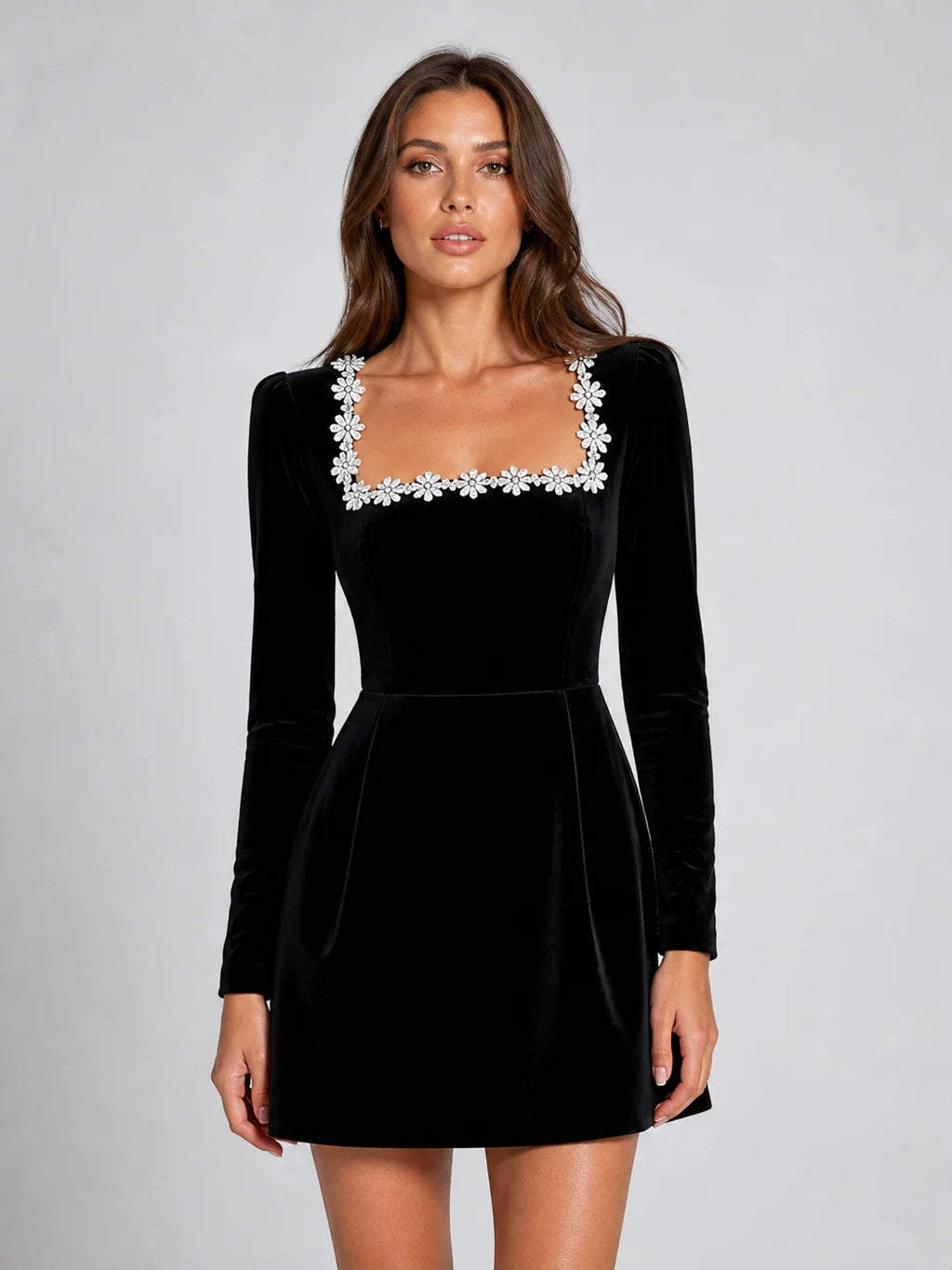 Fluwelen Kerstjurk Dames met Sierkraag in Zwart, productfoto
