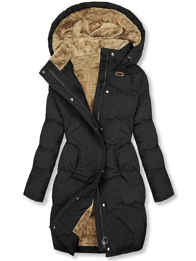 Lange Pufferjas Dames met Capuchon in Zwart, productfoto