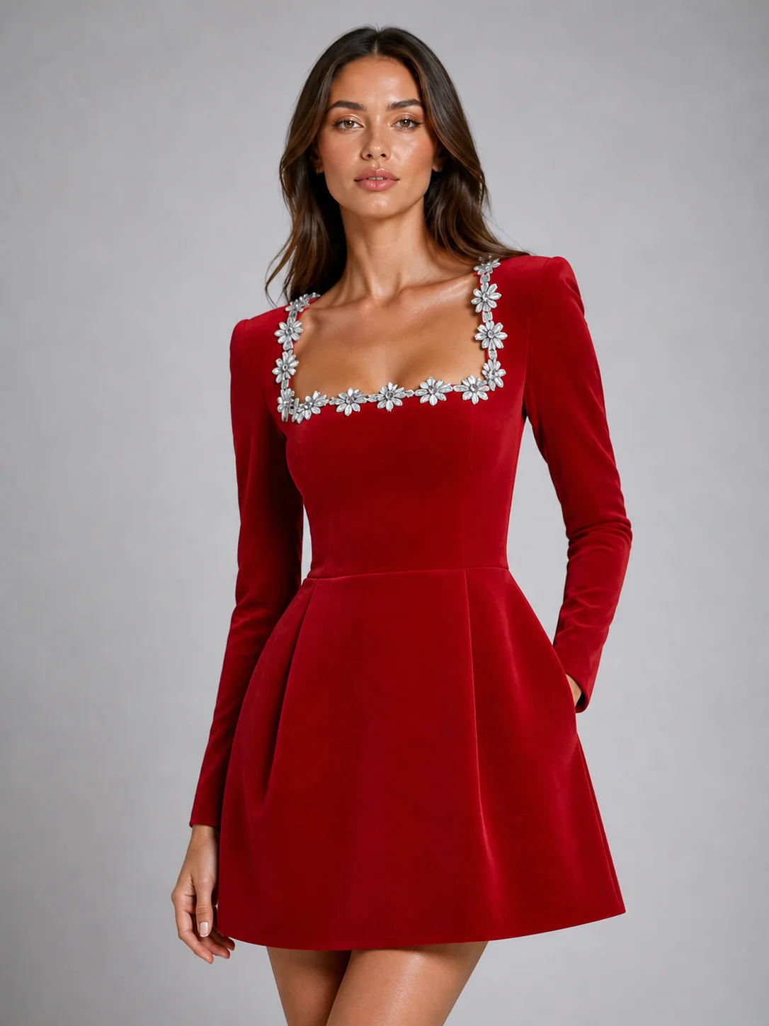Fluwelen Kerstjurk Dames met Sierkraag in Rood, productfoto