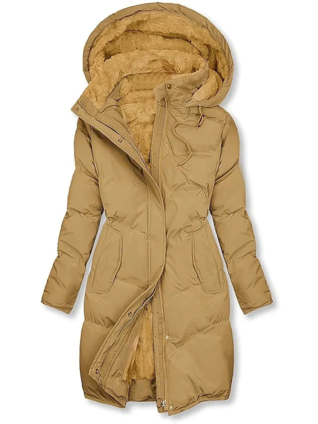 Lange Pufferjas Dames met Capuchon in Camel, productfoto