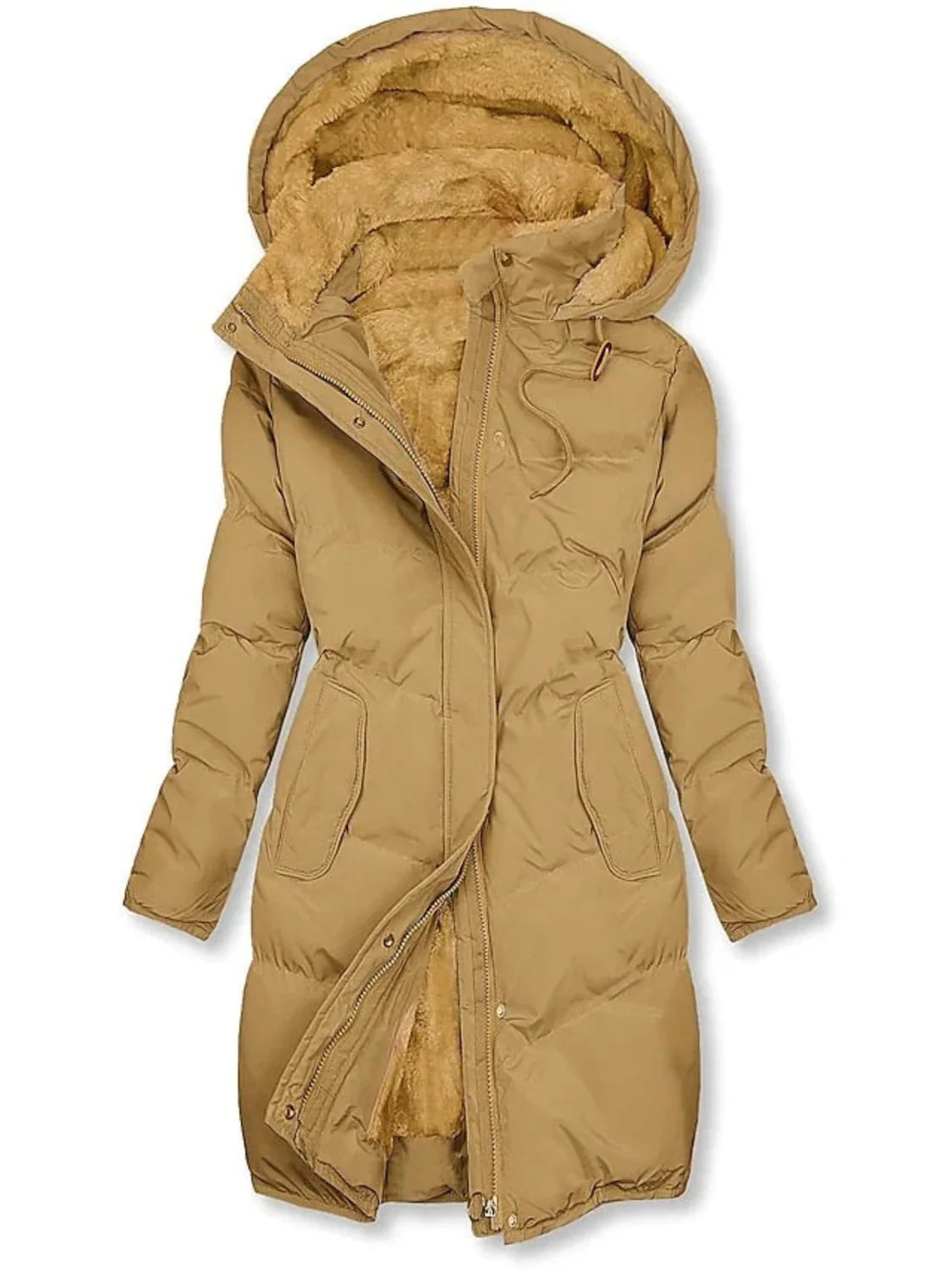 Lange Pufferjas Dames met Capuchon in Camel, productfoto