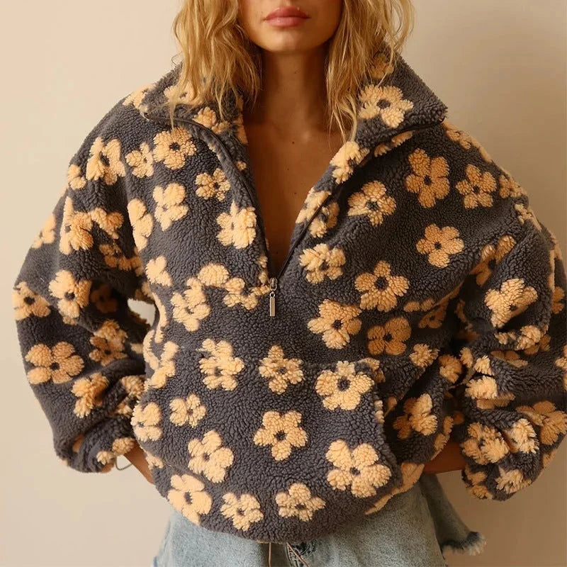 Fleece Trui Dames met Rits en Bloemenprint in Geel, productfoto